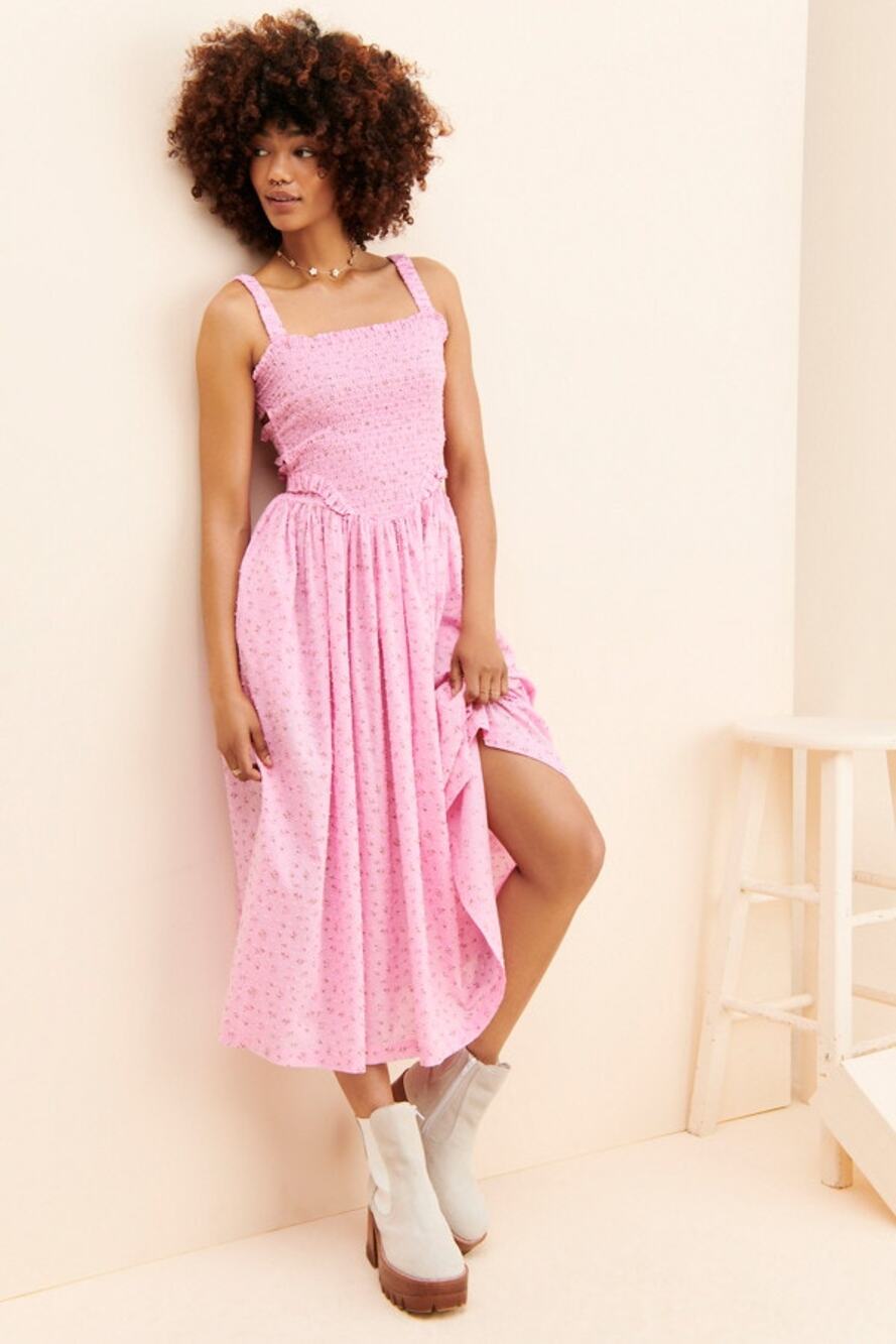 Tach Amelie Viole Boho Stretch Smocked Floral Ruffle Cotton Pink Midi Dress XS